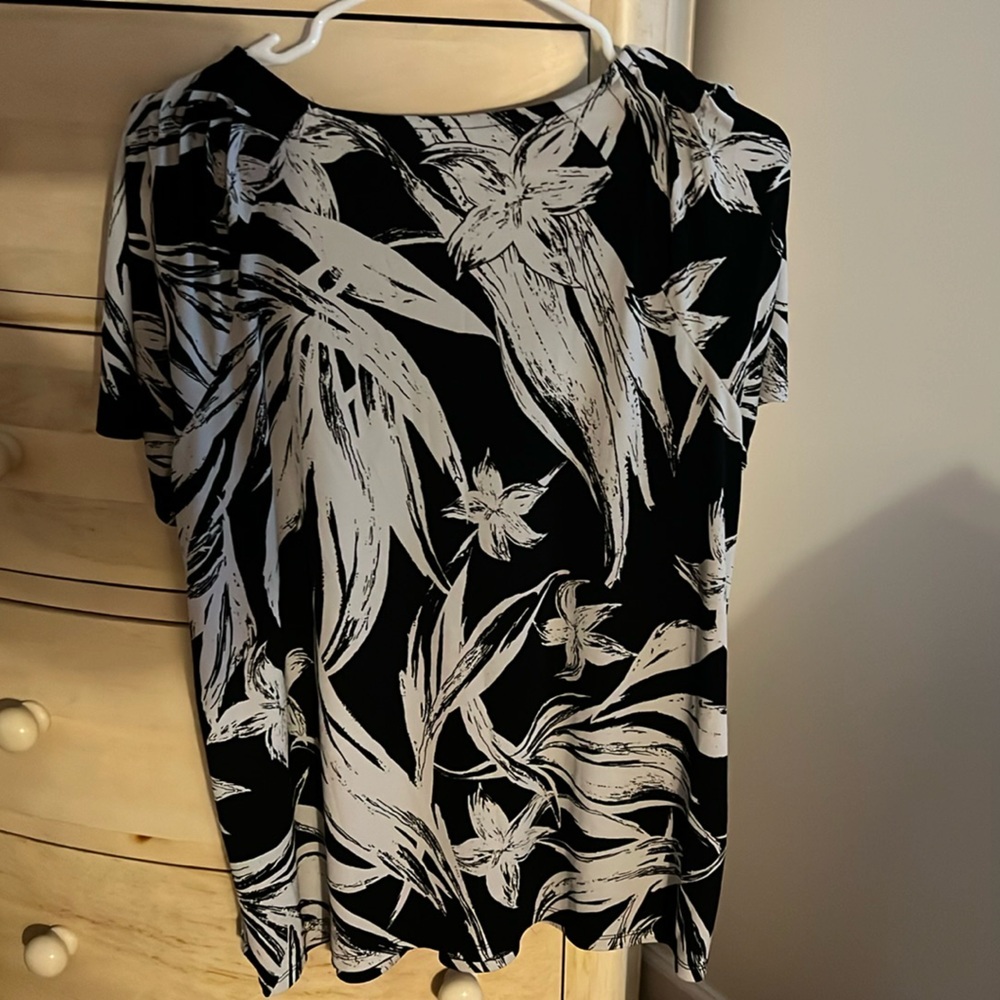 Black and White Boxy Blouse with Bold Botanical Print